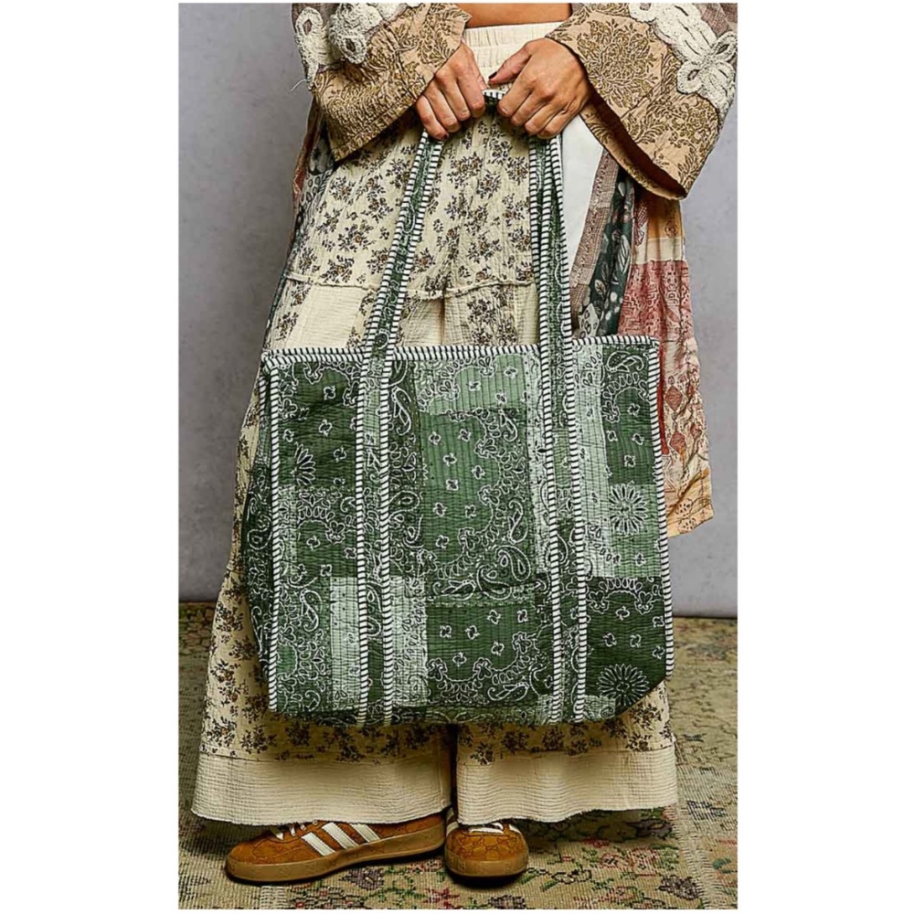 POL Green Paisley Print Zipper Large Cotton Shoulder Tote Bag